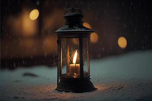 generatief ai illustratie van lantaarn met kaarsen Aan een mooi blauw achtergrond met goud stof, sterren en sneeuw. mooi Kerstmis of nieuw jaar achtergrond. neurale netwerk gegenereerd kunst. foto