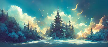 generatief ai illustratie van Kerstmis versierd groen net bomen in winter Woud, abstract fantasie feestelijk Kerstmis boom, winter abstract landschap. zonlicht in de winter Woud. digitaal kunst. foto
