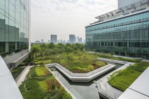 generatief ai illustratie van prachtig tuin Aan de op het dak van een hedendaags glas kantoor gebouw in Azië foto