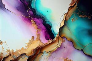 generatief ai illustratie van alcohol inkt schilderen, abstract, pastel tonen met gouden scheuren foto