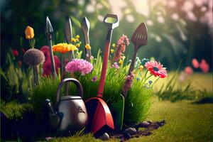 generatief ai illustratie van voorjaar tuin zorg. bloemen in de tuin. tuin hulpmiddelen. buitenshuis tuinieren gereedschap Aan gras in voorjaar tuin foto