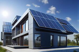 generatief ai illustratie van een nieuw gebouwd huizen met zonne- panelen Aan de dak onder een helder lucht, een dichtbij omhoog van een merk nieuw structuur met blauw zonne- panelen foto