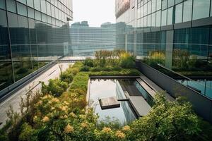 generatief ai illustratie van prachtig tuin Aan de op het dak van een hedendaags glas kantoor gebouw in Azië foto