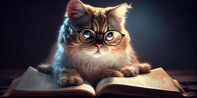 generatief ai illustratie van intelligent echt kat in bril lezing een boek, volumn licht foto