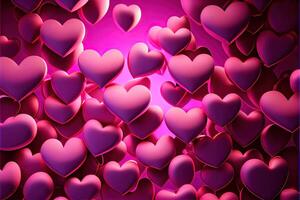 generatief ai illustratie van veel gloeiend harten - roze achtergrond voor valentijnsdag dag, liefde hart. neurale netwerk gegenereerd kunst. digitaal gegenereerd beeld foto