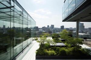 generatief ai illustratie van prachtig tuin Aan de op het dak van een hedendaags glas kantoor gebouw in Azië foto