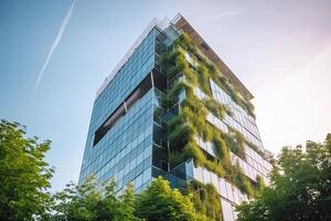 generatief ai illustratie van prachtig tuin Aan de op het dak van een hedendaags glas kantoor gebouw in Azië foto