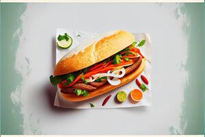 generatief ai illustratie van banh mi Vietnam brood, voedsel, studio, aziatisch, Vietnamees belegd broodje , Vietnamees voedsel, kopiëren ruimte foto