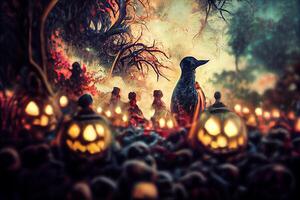 generatief ai illustratie van kleurrijk halloween binnen- partij, kinderen spelen Aan nacht halloween straat, griezelig kasteel, Amerikaans buurt achtergrond. digitaal gegenereerd afbeelding. foto