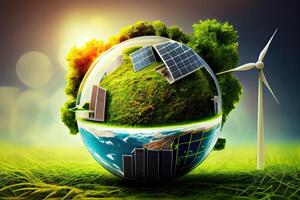 generatief ai illustratie van groen ondernemingen dat vertrouwen Aan hernieuwbaar energie kan verminderen klimaat verandering en globaal opwarming. zonder ieder uitstoot van koolstof dioxide, een schoon milieu foto