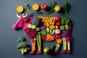 generatief ai illustratie van een koe gemaakt van vers fruit en groenten foto