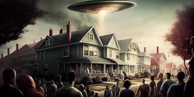 generatief ai illustratie van ufo zweven bovenstaand huizen en een menigte van mensen foto
