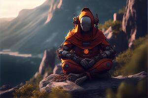 generatief ai illustratie van een Geavanceerd monnik robot cyborg aan het doen yoga Aan de berg, zen verlichting foto