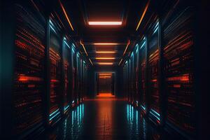 generatief ai illustratie van abstract tunnel, donker interieur van gegevens centrum, servers, neon lichten foto