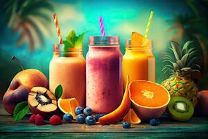 generatief ai illustratie van smoothies en sappen gemaakt van een verscheidenheid van vers fruit van de tropen. schoon aan het eten, een gezond eetpatroon, en vitamine doordrenkt dranken zijn concepten, wazig achtergrond foto