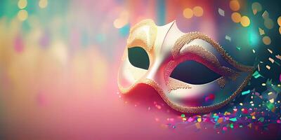 generatief ai illustratie van de levendig energie en opwinding van braziliaans carnaval, Venetiaanse carnaval masker en confetti met abstract onscherp bokeh lichten en glimmend slingers foto