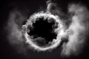 generatief ai illustratie van wit rook exploderend naar buiten met leeg centrum. dramatisch rook of mist effect voor spookachtige, heet verlichting ring cirkel foto