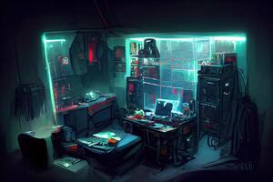 generatief ai illustratie van rommelig en donker cyberpunk hacker schuilplaats kamer met lichten foto