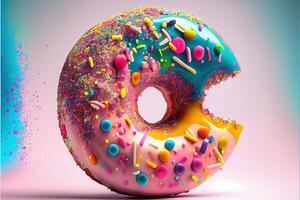 generatief ai illustratie van trippy donut collage gedetailleerd levendig kleuren, spatten, reusachtig glinsterend donut , drijvend in vrij ruimte, pastel terug druppel. digitaal gegenereerd beeld foto