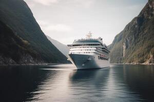 groot reis schip in fjorden. toerisme vakantie en zomer reizend. generatief ai foto