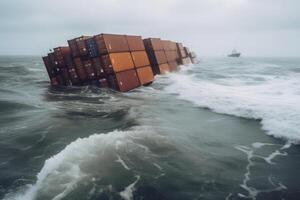 vernield lading schip met containers in stormachtig zee met groot golven. generatief ai foto