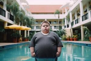 dik jongen Bij zomer vakanties in de buurt zwemmen zwembad. zwaarlijvigheid probleem. generatief ai foto