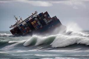 vernield lading schip met containers in stormachtig zee met groot golven. generatief ai foto