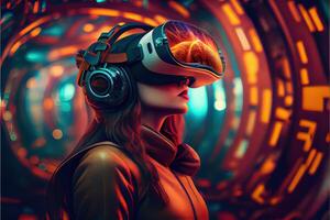 generatief ai illustratie van een enthousiast jong Dames vervelend virtueel realiteit stofbril is binnen de metavers. metaverse concept en virtueel wereld elementen. neurale netwerk gegenereerd ai kunst foto