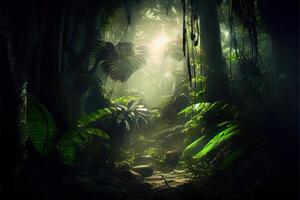generatief ai illustratie van donker regenwoud, zon stralen door de bomen, rijk oerwoud groen. sfeervol fantasie Woud foto