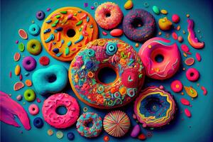 generatief ai illustratie van trippy donut collage gedetailleerd levendig kleuren, spatten, reusachtig glinsterend donut , drijvend in vrij ruimte, pastel terug druppel. digitaal gegenereerd beeld foto