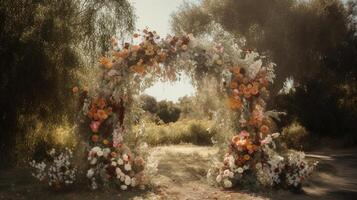 generatief ai, bruiloft ceremonie boho rustiek stijl boog met bloemen en planten, bloem boeketten. foto