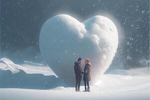 generatief ai illustratie van een sneeuwstorm van liefde. paar zoenen in sneeuw. groot hart. liefde en Valentijn dag concept. neurale netwerk gegenereerd kunst. digitaal gegenereerd afbeelding. foto
