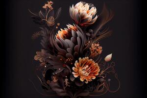 generatief ai illustratie van mooi donker abstract exotisch bloemen. luxueus donker inkt bloemen en patronen. foto