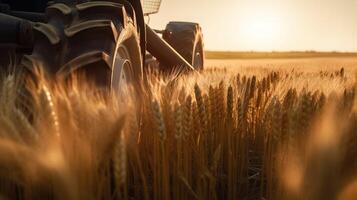 generatief ai, detailopname modern combineren oogstmachine Aan een tarwe veld, boerderij landschap, agrarisch mooi platteland. natuur illustratie, fotorealistisch horizontaal spandoek. foto