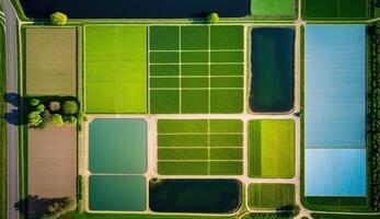 generatief ai, boerderij landschap, agrarisch velden, mooi platteland, land weg. natuur illustratie, fotorealistisch top visie drone, horizontaal spandoek. foto