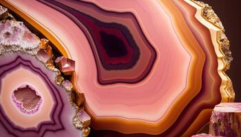 generatief ai, natuurlijk vulkanisch agaat stenen detailopname licht roze magenta en gouden textuur. behang achtergrond, kwarts marmer, decoratief rots patroon foto