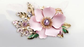 generatief ai, mooi licht roze bloemen broche, opaal steen en gouden kleur palet geïsoleerd Aan wit achtergrond. bijouterie, sieraden dichtbij omhoog foto