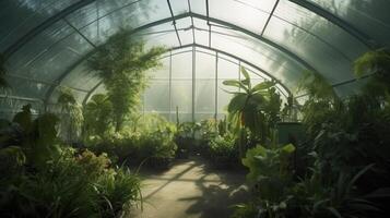 generatief ai, groen huis van de glas, tent-glas tuin met een veel van planten. fotorealistisch effect. foto