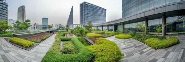 generatief ai illustratie van prachtig tuin Aan de op het dak van een hedendaags glas kantoor gebouw in Azië foto