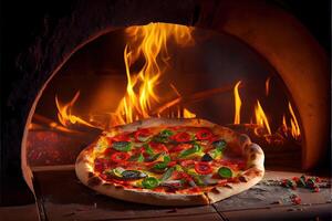 generatief ai illustratie van Italiaans pizza is gekookt in een houtgestookt oven. foto