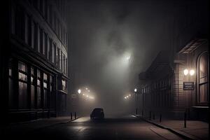 generatief ai illustratie van donker somber leeg straat met rook, smog foto