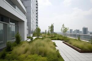 generatief ai illustratie van prachtig tuin Aan de op het dak van een hedendaags glas kantoor gebouw in Azië foto