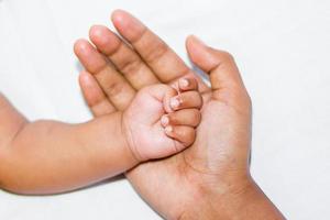 een nieuw geboren baby's zacht hand- Aan moeder hand- Aan een wit achtergrond. foto