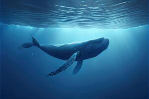 generatief ai illustratie van blauw walvis onder water, oceaan foto