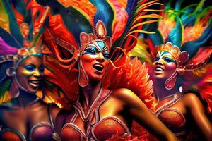 generatief ai illustratie van de levendig energie en opwinding van braziliaans carnaval, met abstract onscherp bokeh lichten en glimmend slingers toevoegen naar de feestelijk atmosfeer foto