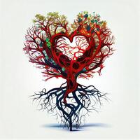 generatief ai illustratie van boom van leven, wortels maken rood hart vorm geven aan, keltisch stijl, kleurrijk, wit achtergrond foto