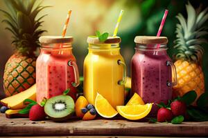 generatief ai illustratie van smoothies en sappen gemaakt van een verscheidenheid van vers fruit van de tropen. schoon aan het eten, een gezond eetpatroon, en vitamine doordrenkt dranken zijn concepten, wazig achtergrond foto