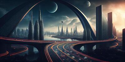 generatief ai illustratie van fantasie futuristische stad met snelwegen en wolkenkrabbers, cyber stad foto