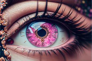 generatief ai illustratie van macro fotografie schot van realistisch vrouw ogen met roze iris dat looks Leuk vinden een Romeins cijfer analoog klok, tijd in ogen, opalescentie en glimmend, verbrijzeld glas Kristallen foto