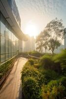 generatief ai illustratie van prachtig tuin Aan de op het dak van een hedendaags glas kantoor gebouw in Azië foto